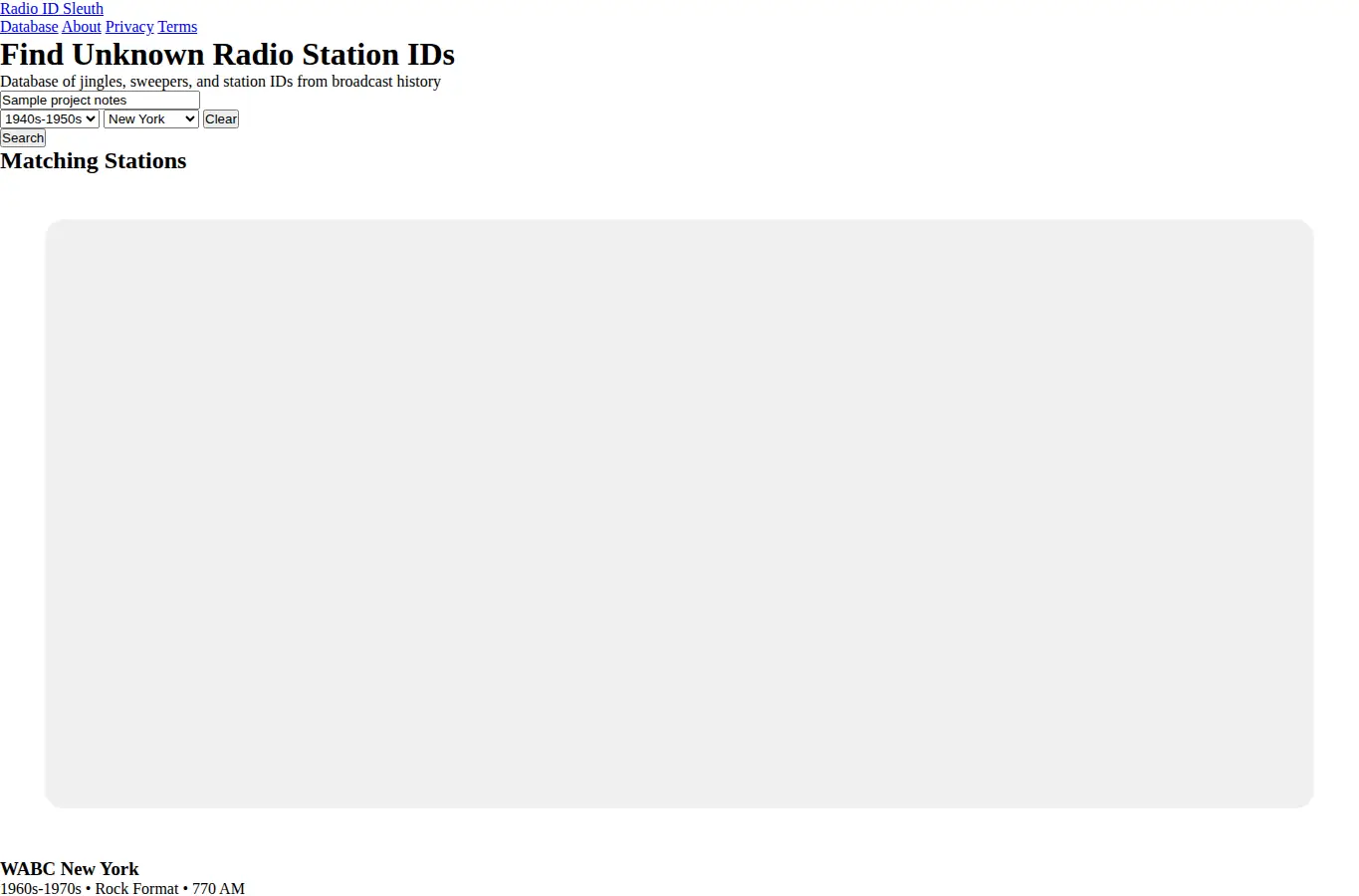 Screenshot of Radio Station ID Sleuth interface showing the project page in use